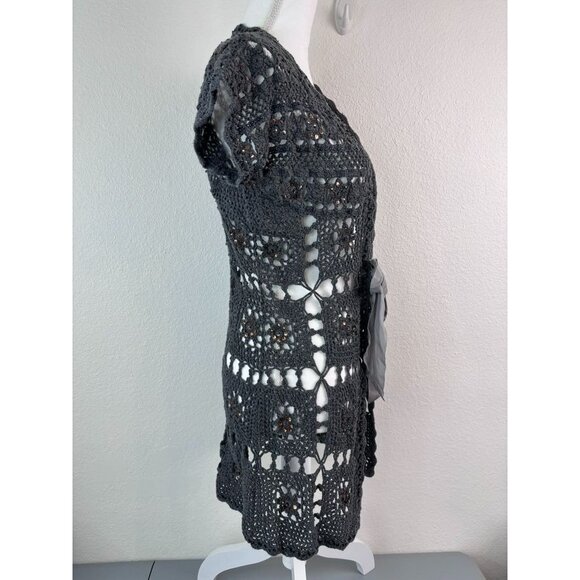 Boston Proper‎ women's medium grey crochet short sleeve Y2K 90's cardigan vest - Picture 4 of 6